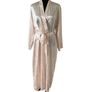Jones New York Satin Robe S/M Light Pink Floral Lace Trim Belted Long Kimono